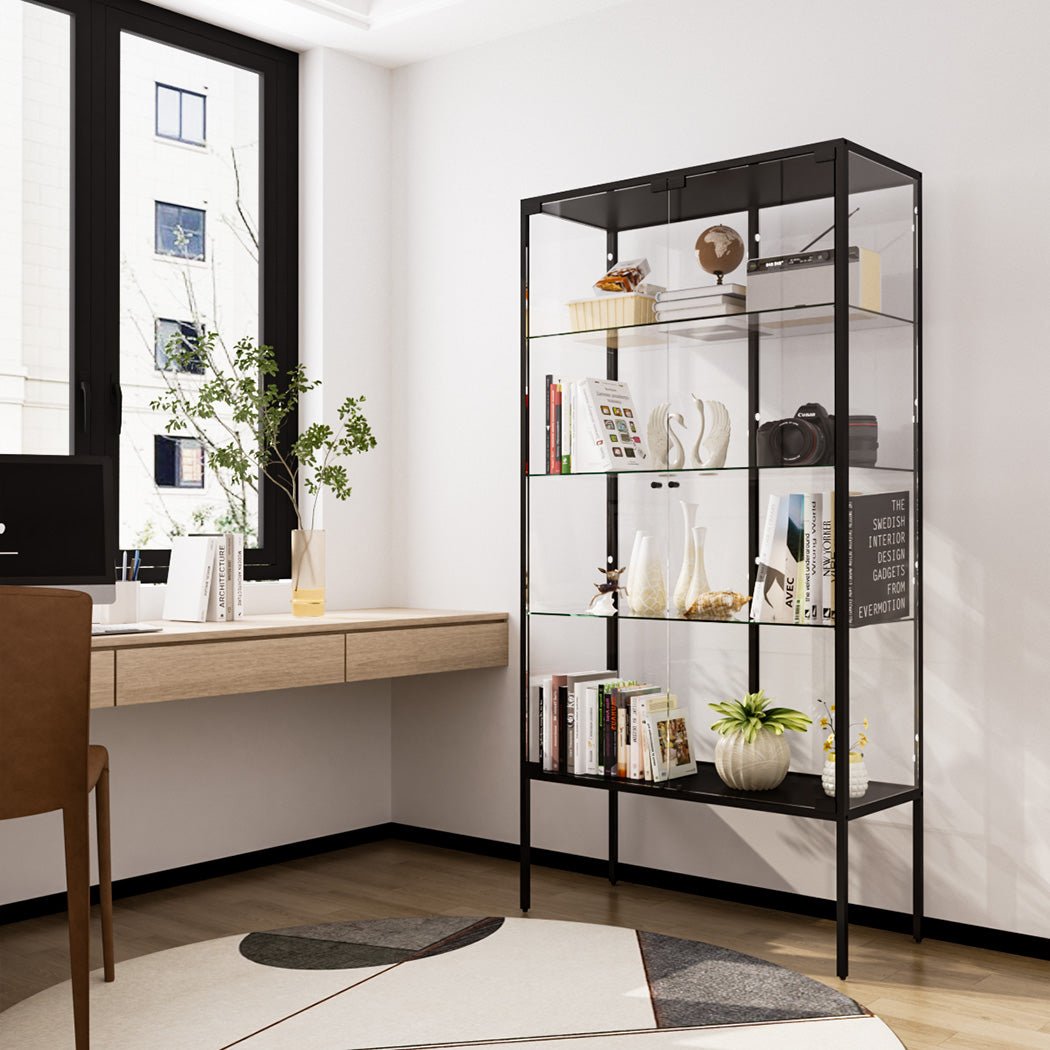 Stacked 4 Tier Glass Display Cabinet 160cm Steel Frame - Black - Rivercity House & Home Co. (ABN 18 642 972 209) - Affordable Modern Furniture Australia