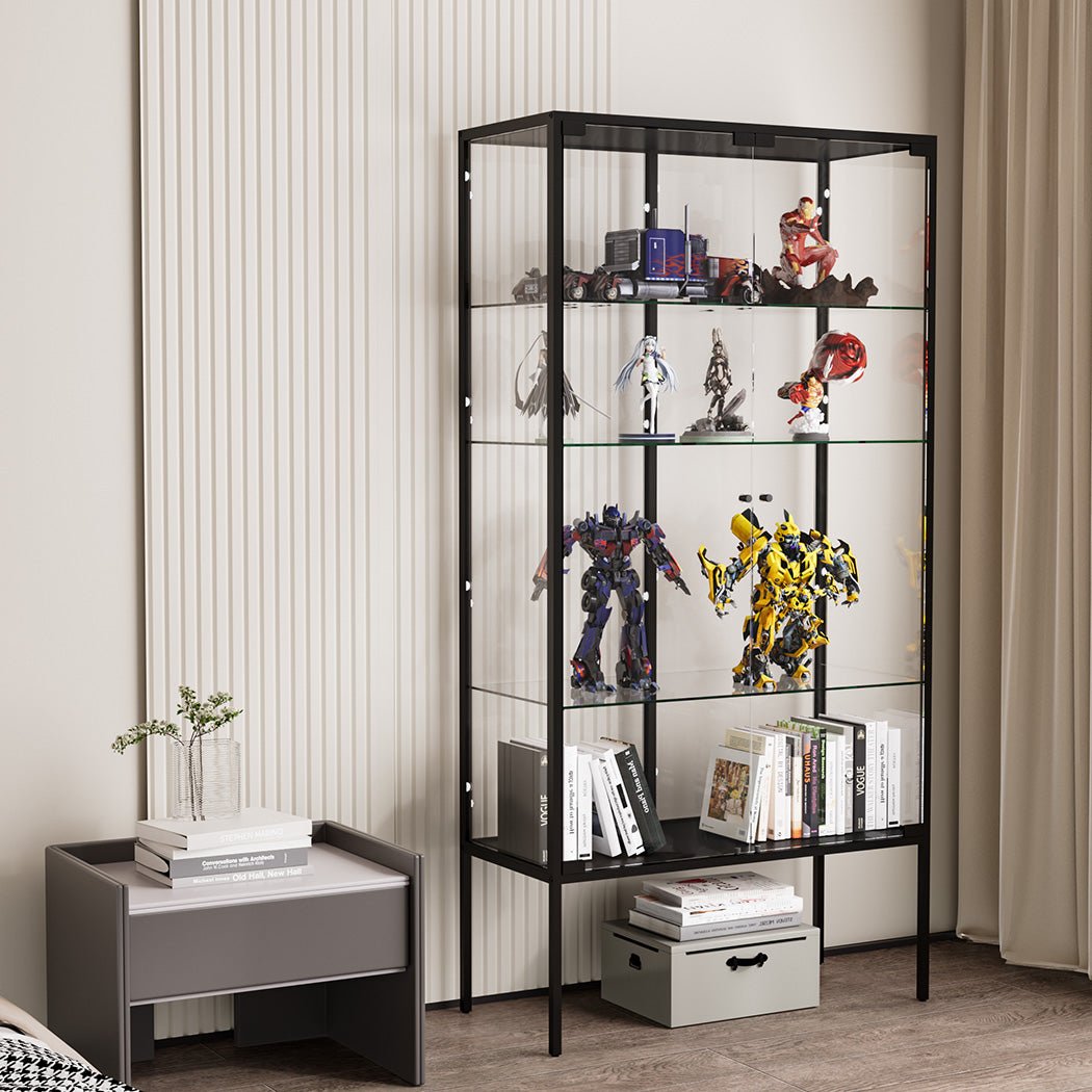 Stacked 4 Tier Glass Display Cabinet 160cm Steel Frame - Black - Rivercity House & Home Co. (ABN 18 642 972 209) - Affordable Modern Furniture Australia