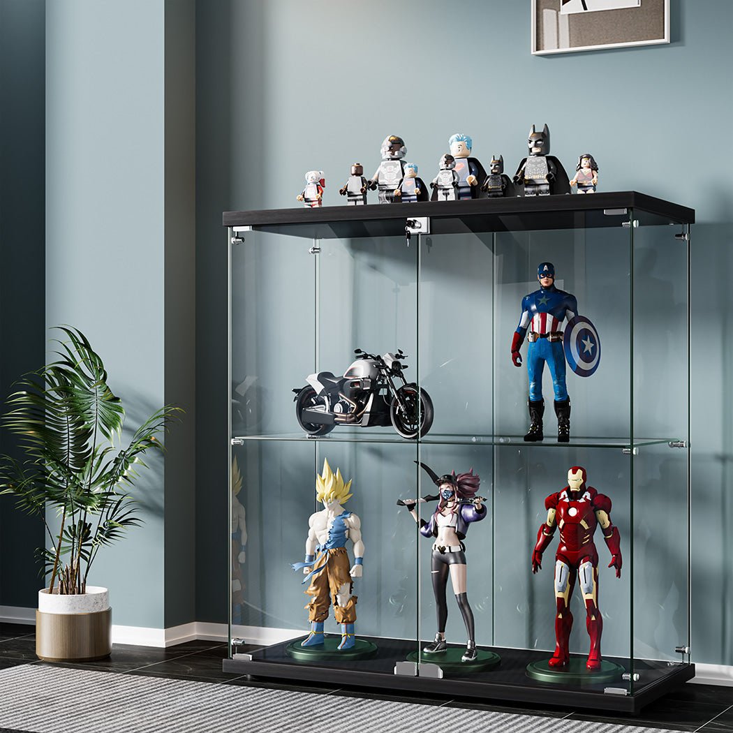 Stacked Lockable 2 - Tier Glass Display Cabinet with 2 Doors - Black - Rivercity House & Home Co. (ABN 18 642 972 209) - Affordable Modern Furniture Australia