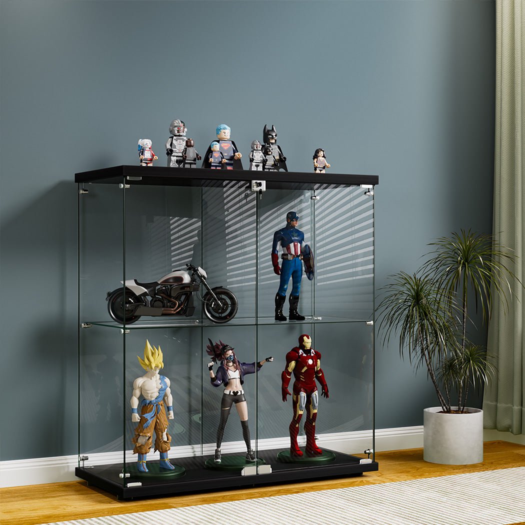 Stacked Lockable 2 - Tier Glass Display Cabinet with 2 Doors - Black - Rivercity House & Home Co. (ABN 18 642 972 209) - Affordable Modern Furniture Australia