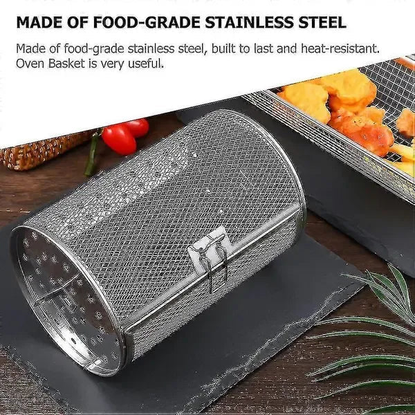 Stainless Steel 25cm Air Fryer Rotisserie Basket with 360° Rotation for Fries, Nuts & Meat - Silver - Appliances > Kitchen Appliances > Kitchen Appliance Accessories - Rivercity House & Home Co. (ABN 18 642 972 209) - Affordable Modern Furniture Australia