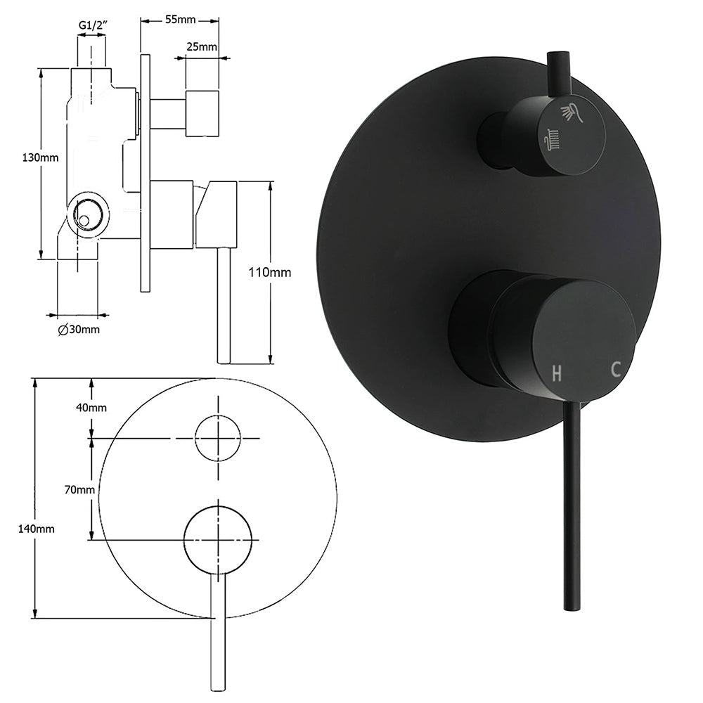 Stainless Steel Black Round Shower Mixer Diverter Lead Free Healthy For Bath Set - Furniture > Bathroom > Shower Heads & Screens - Rivercity House & Home Co. (ABN 18 642 972 209) - Affordable Modern Furniture Australia