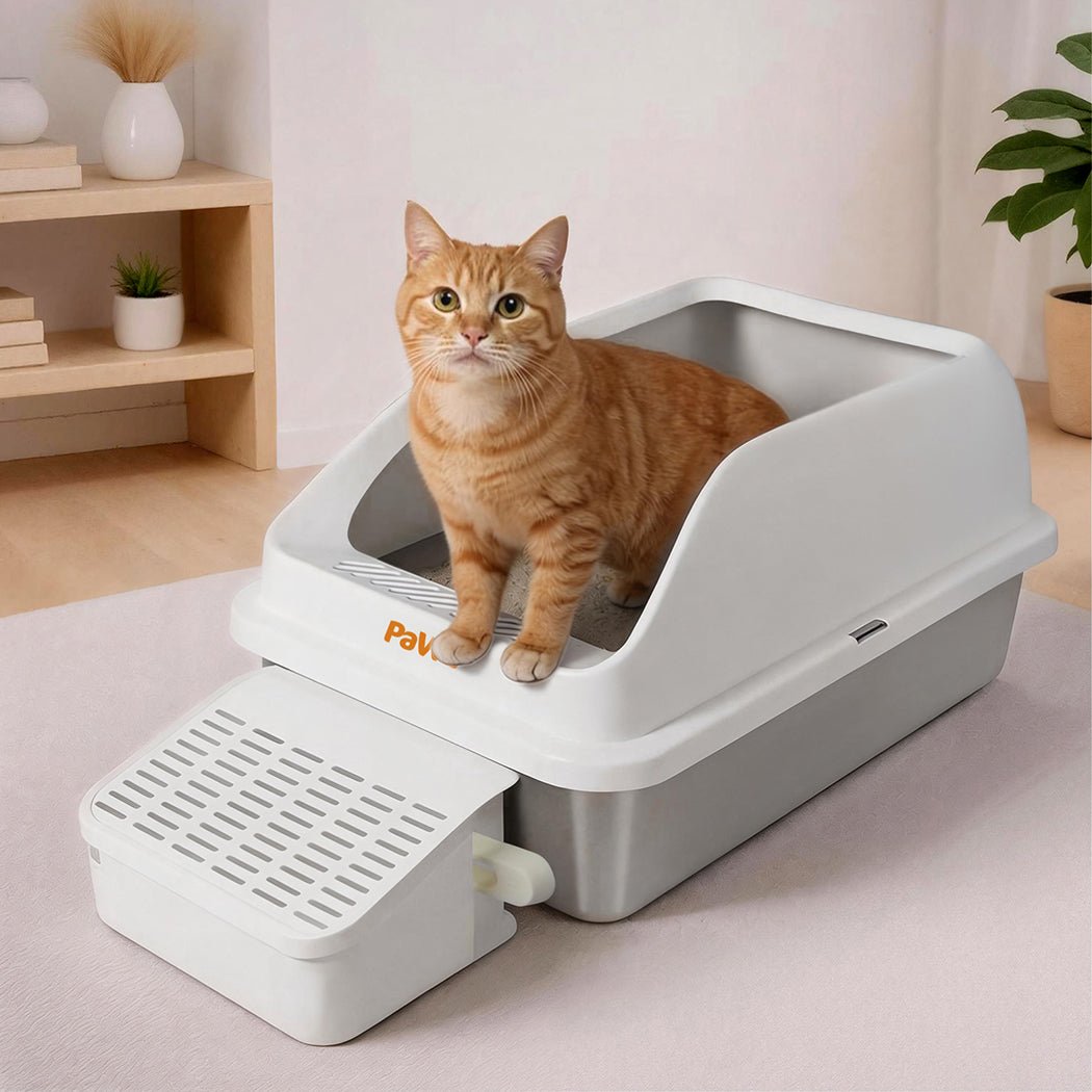 Stainless Steel Cat Litter Box Large High Sided Easy Clean with Litter Trap - White - Rivercity House & Home Co. (ABN 18 642 972 209) - Affordable Modern Furniture Australia