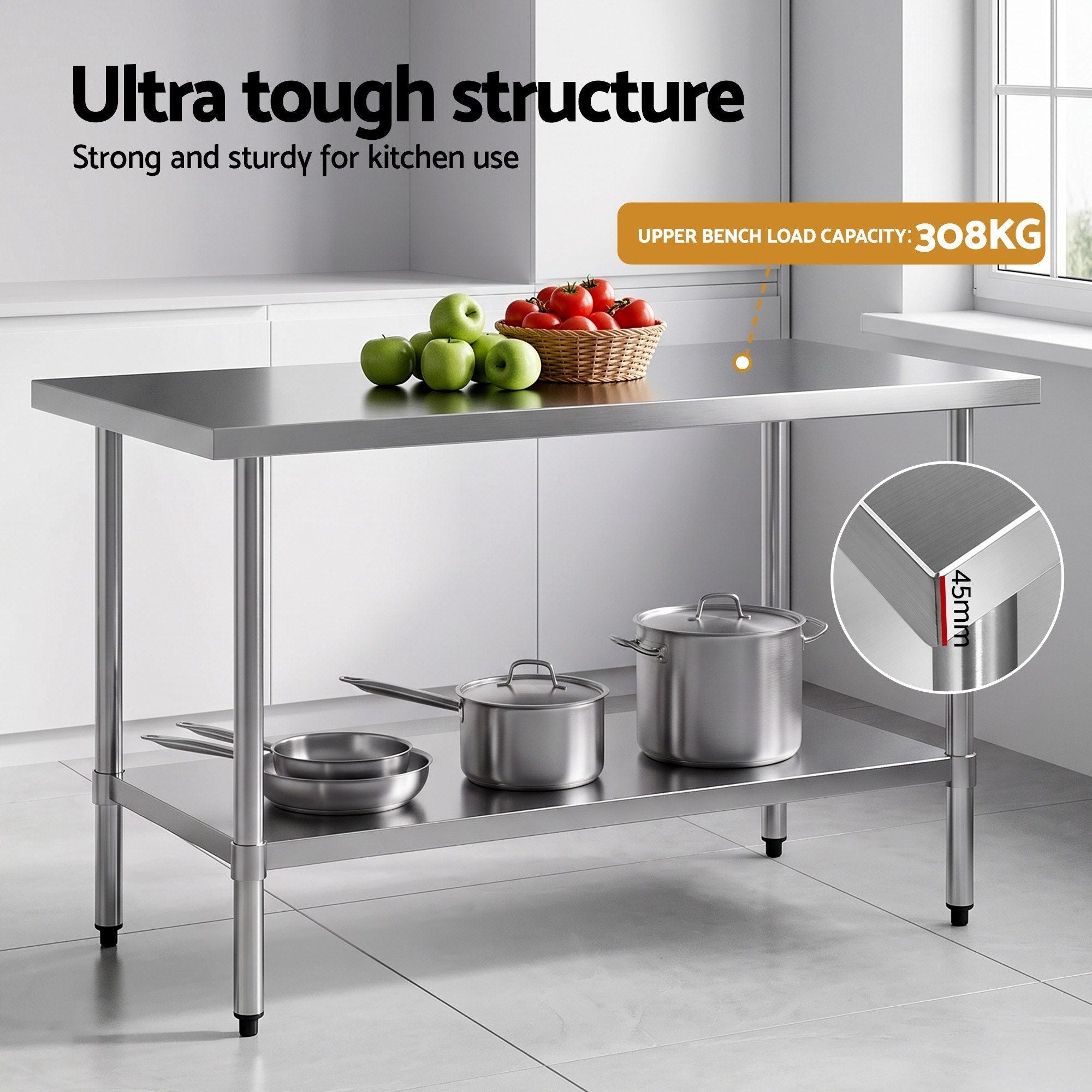 Stainless Steel Kitchen Bench 1524x762mm 430 - Stainless Steel - Furniture > Dining > Kitchen Sinks - Rivercity House & Home Co. (ABN 18 642 972 209) - Affordable Modern Furniture Australia