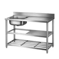 120cm Stainless Steel Kitchen Bench Work Table with Sink and Splashback - Stainless Steel