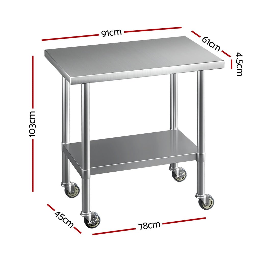 Stainless Steel Kitchen Benches Work Bench Wheels 91X61CM 430 - Furniture > Dining - Rivercity House & Home Co. (ABN 18 642 972 209) - Affordable Modern Furniture Australia