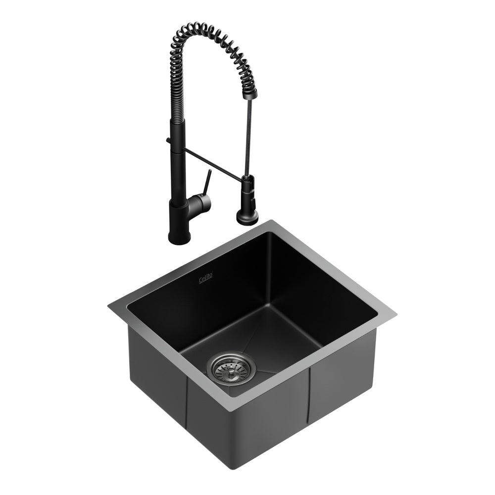 Stainless Steel Sink 51x45CM With Pull Out Mixer Tap Kitchen Single Bowl Black - Furniture > Dining > Kitchen Sinks - Rivercity House & Home Co. (ABN 18 642 972 209) - Affordable Modern Furniture Australia