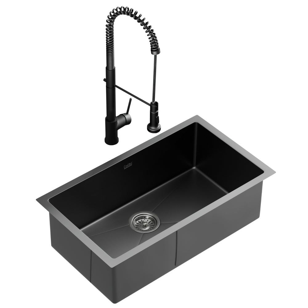 Stainless Steel Sink 70x45CM With Pull Out Mixer Tap Kitchen Basin Single Bowl Black - Furniture > Dining > Kitchen Sinks - Rivercity House & Home Co. (ABN 18 642 972 209) - Affordable Modern Furniture Australia