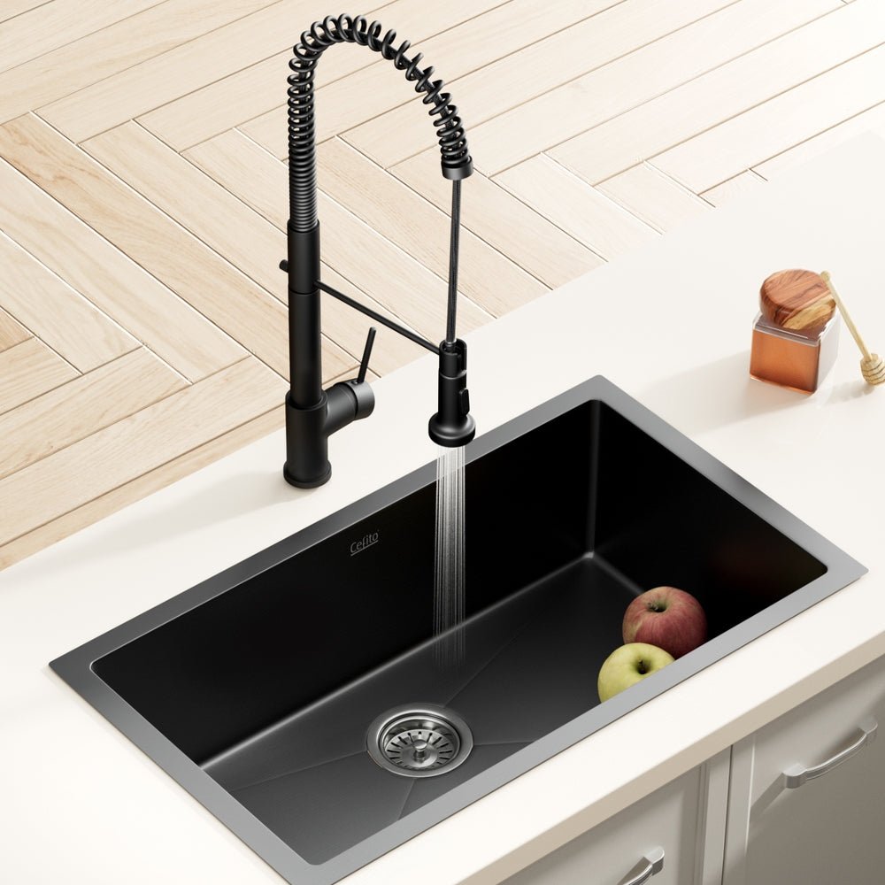 Stainless Steel Sink 70x45CM With Pull Out Mixer Tap Kitchen Basin Single Bowl Black - Furniture > Dining > Kitchen Sinks - Rivercity House & Home Co. (ABN 18 642 972 209) - Affordable Modern Furniture Australia