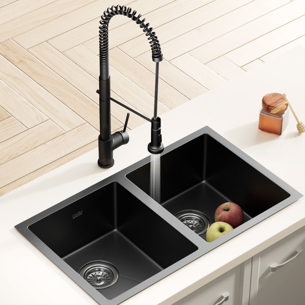 Stainless Steel Sink 77x45CM With Pull Out Mixer Tap Kitchen Double Bowl Black - Furniture > Dining > Kitchen Sinks - Rivercity House & Home Co. (ABN 18 642 972 209) - Affordable Modern Furniture Australia