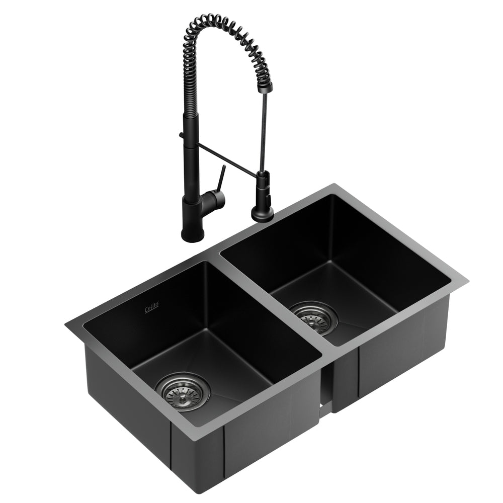Stainless Steel Sink 77x45CM With Pull Out Mixer Tap Kitchen Double Bowl Black - Furniture > Dining > Kitchen Sinks - Rivercity House & Home Co. (ABN 18 642 972 209) - Affordable Modern Furniture Australia