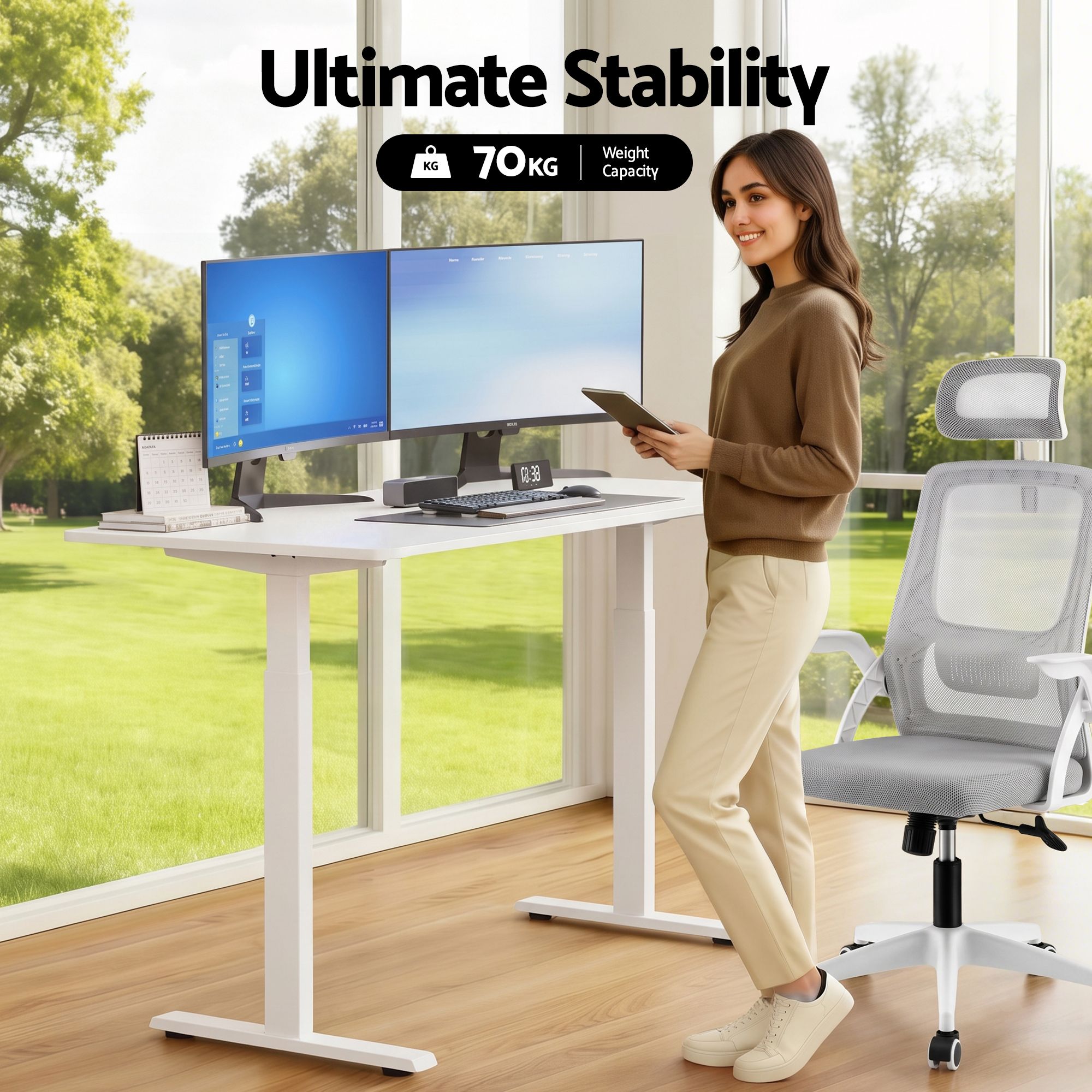 Standing Desk Office Chair Sit Stand Ergonomic Combo 140cm White - Furniture > Office > Desks - Rivercity House & Home Co. (ABN 18 642 972 209) - Affordable Modern Furniture Australia