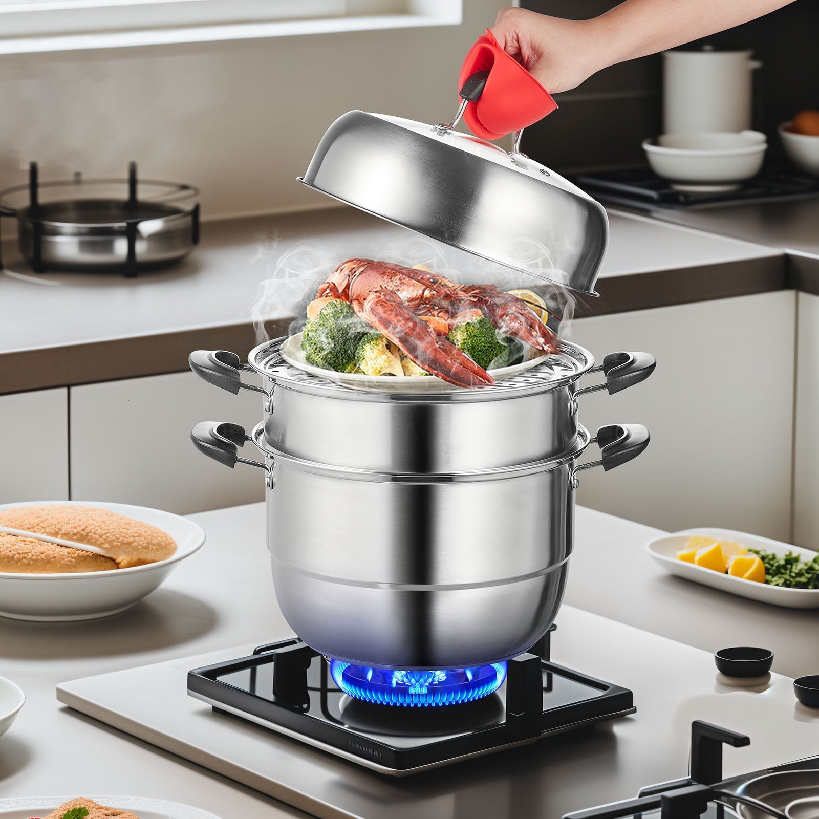Steamer Pot, 28cm Steamer Pot for Cooking with 8.5QT Stock Pot, Vegetable Steamer & 2 Steaming Grid, 3 - Layer Food - Grade 304 Stainless Steel Food Steamer Cookware with Lid for Gas Electric Stove - Appliances > Kitchen Appliances > Rice Cookers & Steamers - Rivercity House & Home Co. (ABN 18 642 972 209) - Affordable Modern Furniture Australia