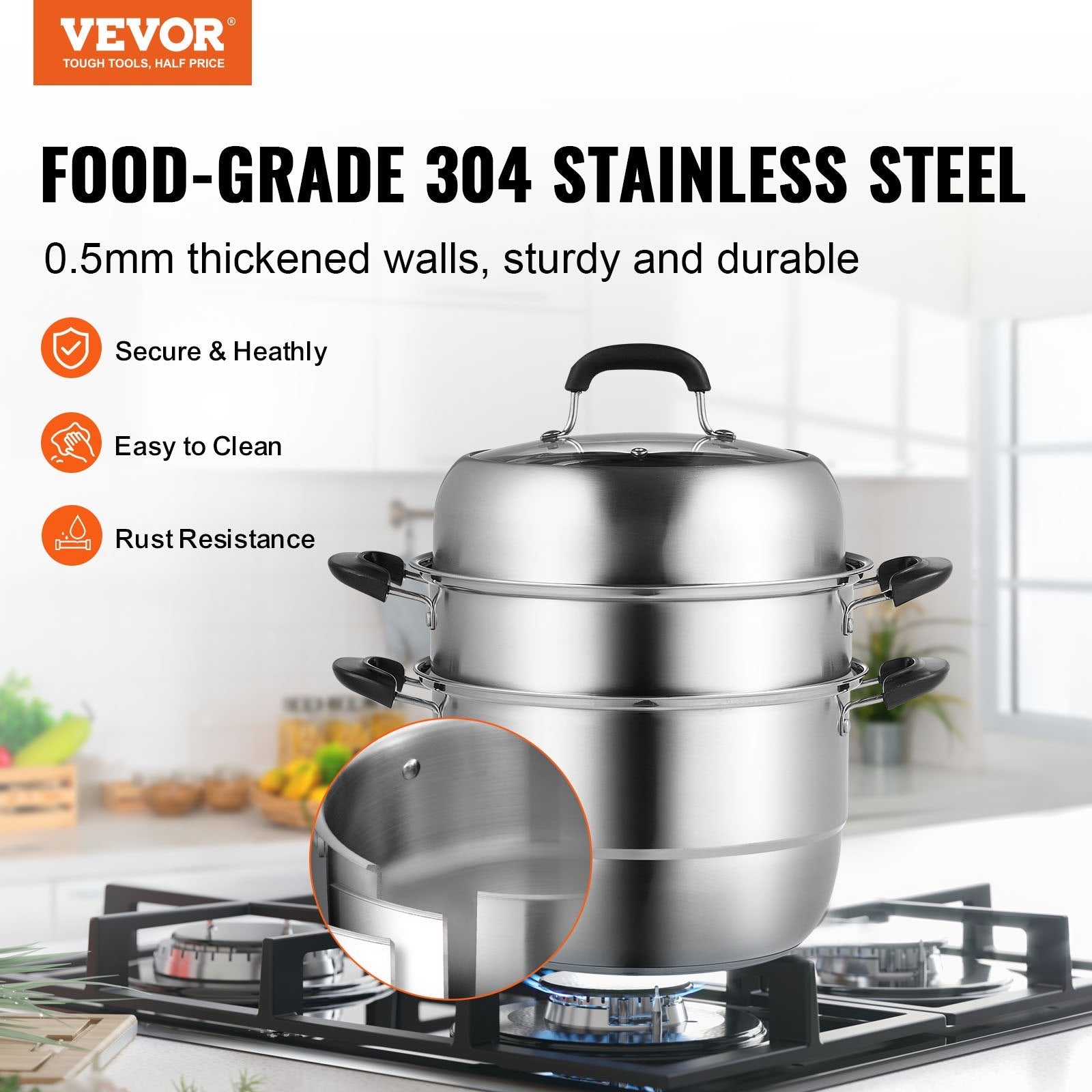 Steamer Pot, 28cm Steamer Pot for Cooking with 8.5QT Stock Pot, Vegetable Steamer & 2 Steaming Grid, 3 - Layer Food - Grade 304 Stainless Steel Food Steamer Cookware with Lid for Gas Electric Stove - Appliances > Kitchen Appliances > Rice Cookers & Steamers - Rivercity House & Home Co. (ABN 18 642 972 209) - Affordable Modern Furniture Australia