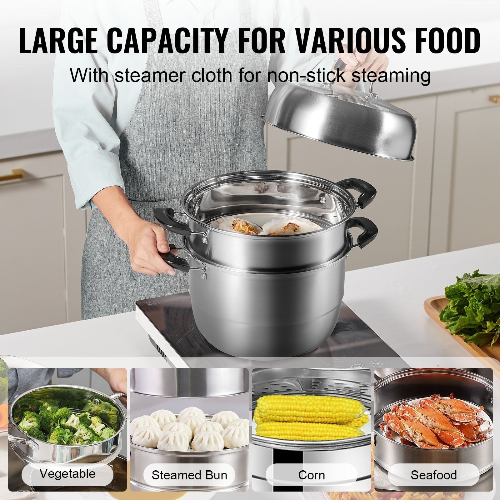 Steamer Pot, 28cm Steamer Pot for Cooking with 8.5QT Stock Pot, Vegetable Steamer & 2 Steaming Grid, 3 - Layer Food - Grade 304 Stainless Steel Food Steamer Cookware with Lid for Gas Electric Stove - Appliances > Kitchen Appliances > Rice Cookers & Steamers - Rivercity House & Home Co. (ABN 18 642 972 209) - Affordable Modern Furniture Australia