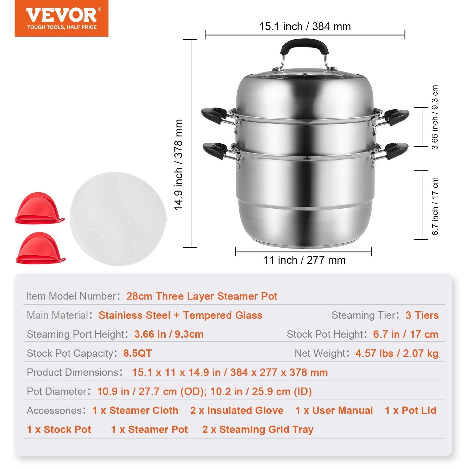 Steamer Pot, 28cm Steamer Pot for Cooking with 8.5QT Stock Pot, Vegetable Steamer & 2 Steaming Grid, 3 - Layer Food - Grade 304 Stainless Steel Food Steamer Cookware with Lid for Gas Electric Stove - Appliances > Kitchen Appliances > Rice Cookers & Steamers - Rivercity House & Home Co. (ABN 18 642 972 209) - Affordable Modern Furniture Australia
