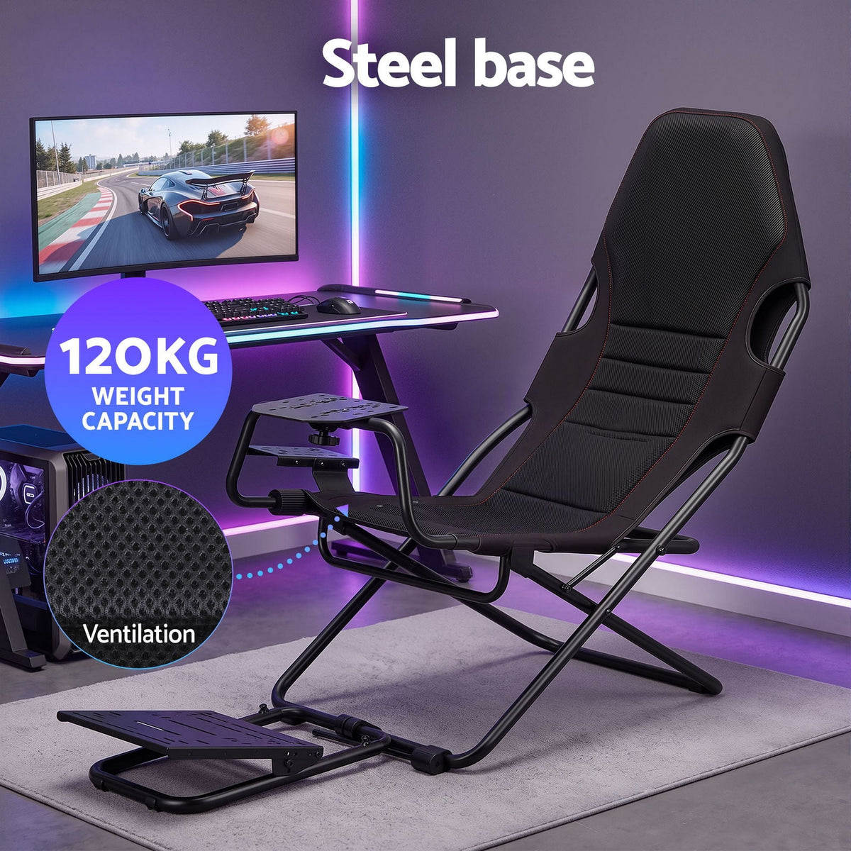 Steel Foldable Racing Simulator Cockpit Seat with Wheel Stand and Gear Shifter Mount - Black - Furniture > Bar Stools & Chairs > Gaming Chairs - Rivercity House & Home Co. (ABN 18 642 972 209) - Affordable Modern Furniture Australia