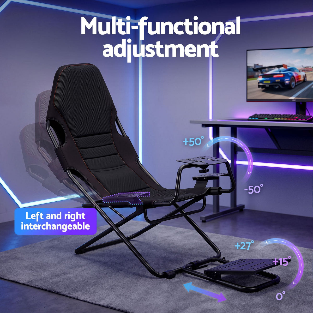 Steel Foldable Racing Simulator Cockpit Seat with Wheel Stand and Gear Shifter Mount - Black - Furniture > Bar Stools & Chairs > Gaming Chairs - Rivercity House & Home Co. (ABN 18 642 972 209) - Affordable Modern Furniture Australia