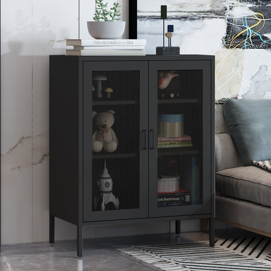 Steel Kitchen Storage Cabinet with Mesh Doors - Black - Rivercity House & Home Co. (ABN 18 642 972 209) - Affordable Modern Furniture Australia