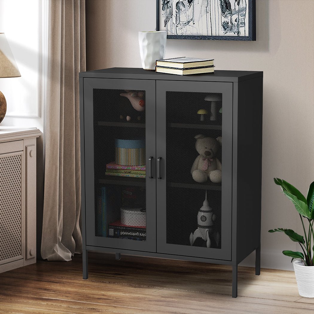 Steel Kitchen Storage Cabinet with Mesh Doors - Black - Rivercity House & Home Co. (ABN 18 642 972 209) - Affordable Modern Furniture Australia