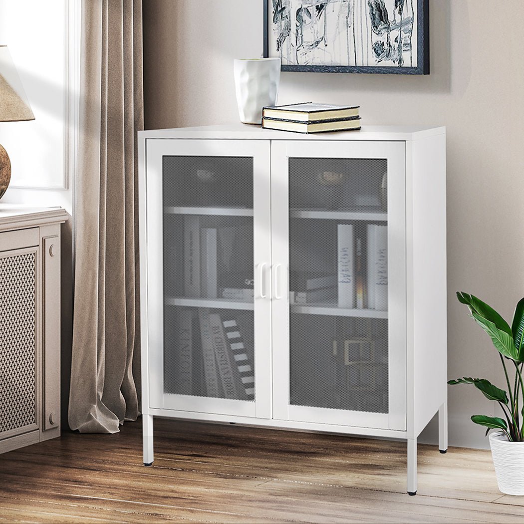 Steel Kitchen Storage Cabinet with Mesh Doors - White - Rivercity House & Home Co. (ABN 18 642 972 209) - Affordable Modern Furniture Australia
