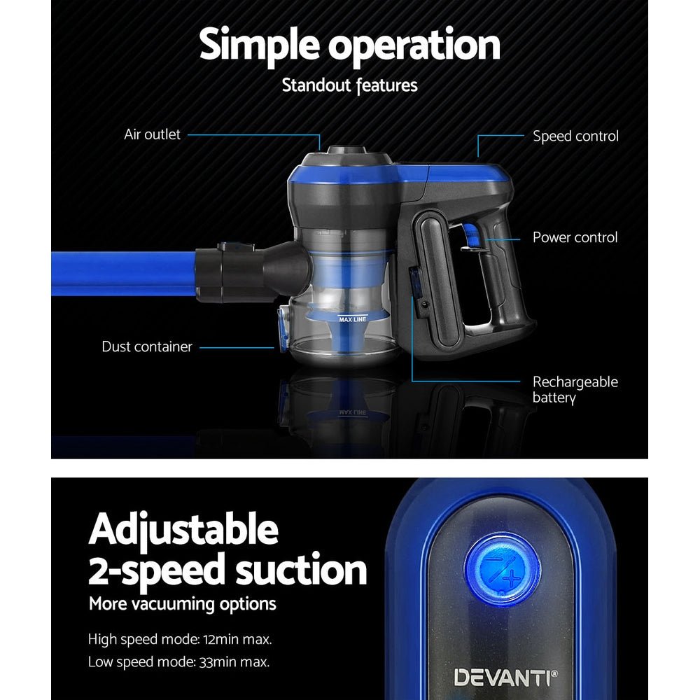 Stick Vacuum Cleaner Brushless Cordless 250W Blue - Appliances > Vacuum Cleaners > Stick Vacuums - Rivercity House & Home Co. (ABN 18 642 972 209) - Affordable Modern Furniture Australia