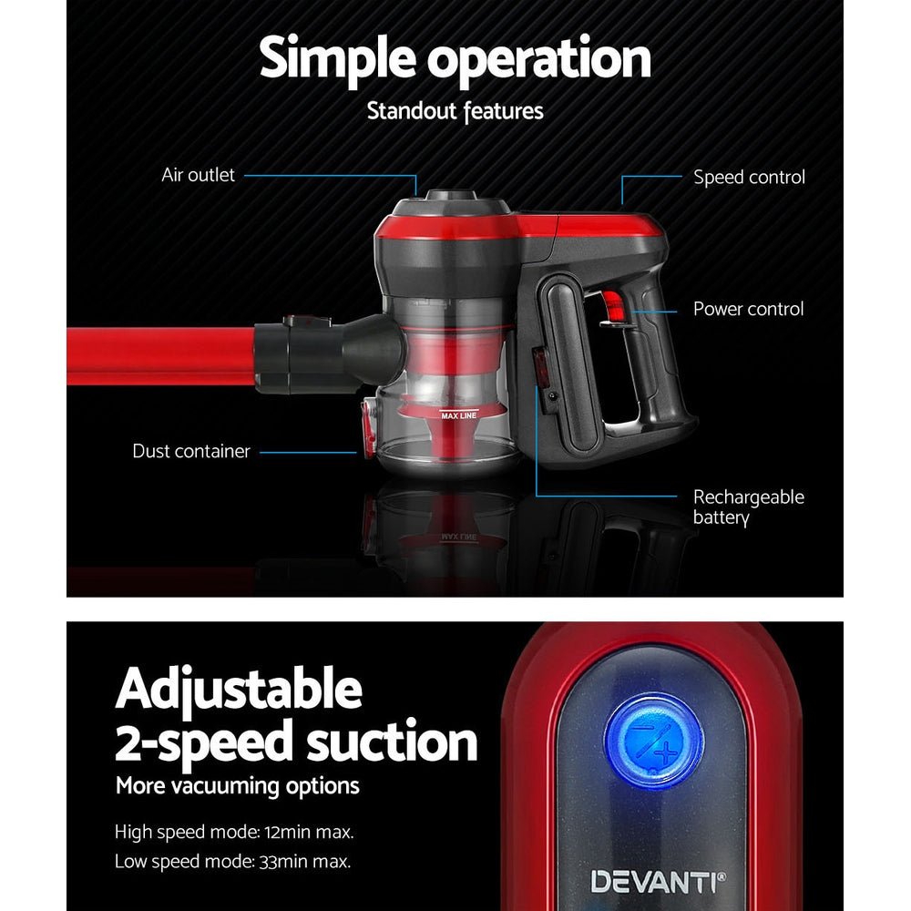 Stick Vacuum Cleaner Brushless Cordless 250W Red - Appliances > Vacuum Cleaners > Stick Vacuums - Rivercity House & Home Co. (ABN 18 642 972 209) - Affordable Modern Furniture Australia