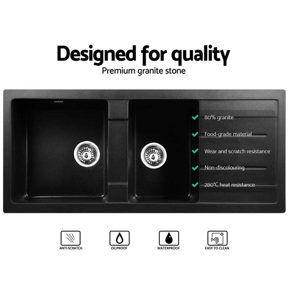 Stone Kitchen Sink 1160X500MM Granite Under/Topmount Basin Double Bowl Black - Furniture > Bathroom > Sinks - Rivercity House & Home Co. (ABN 18 642 972 209) - Affordable Modern Furniture Australia