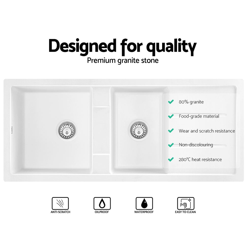 Stone Kitchen Sink 1160X500MM Granite Under/Topmount Basin Double Bowl White - Furniture > Bathroom > Sinks - Rivercity House & Home Co. (ABN 18 642 972 209) - Affordable Modern Furniture Australia
