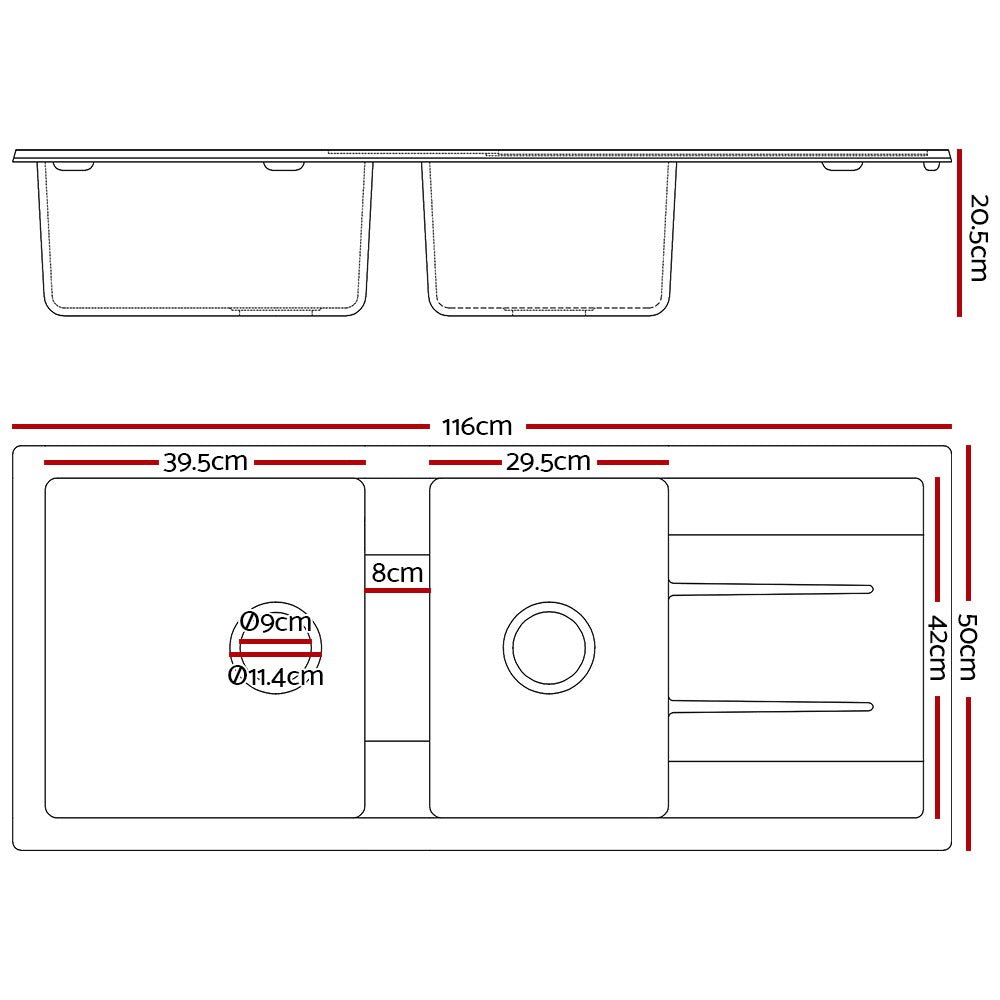 Stone Kitchen Sink 1160X500MM Granite Under/Topmount Basin Double Bowl White - Furniture > Bathroom > Sinks - Rivercity House & Home Co. (ABN 18 642 972 209) - Affordable Modern Furniture Australia