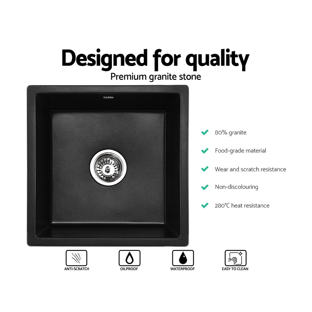 Stone Kitchen Sink 450X450MM Granite Under/Topmount Basin Bowl Laundry Black - Furniture > Bathroom > Sinks - Rivercity House & Home Co. (ABN 18 642 972 209) - Affordable Modern Furniture Australia