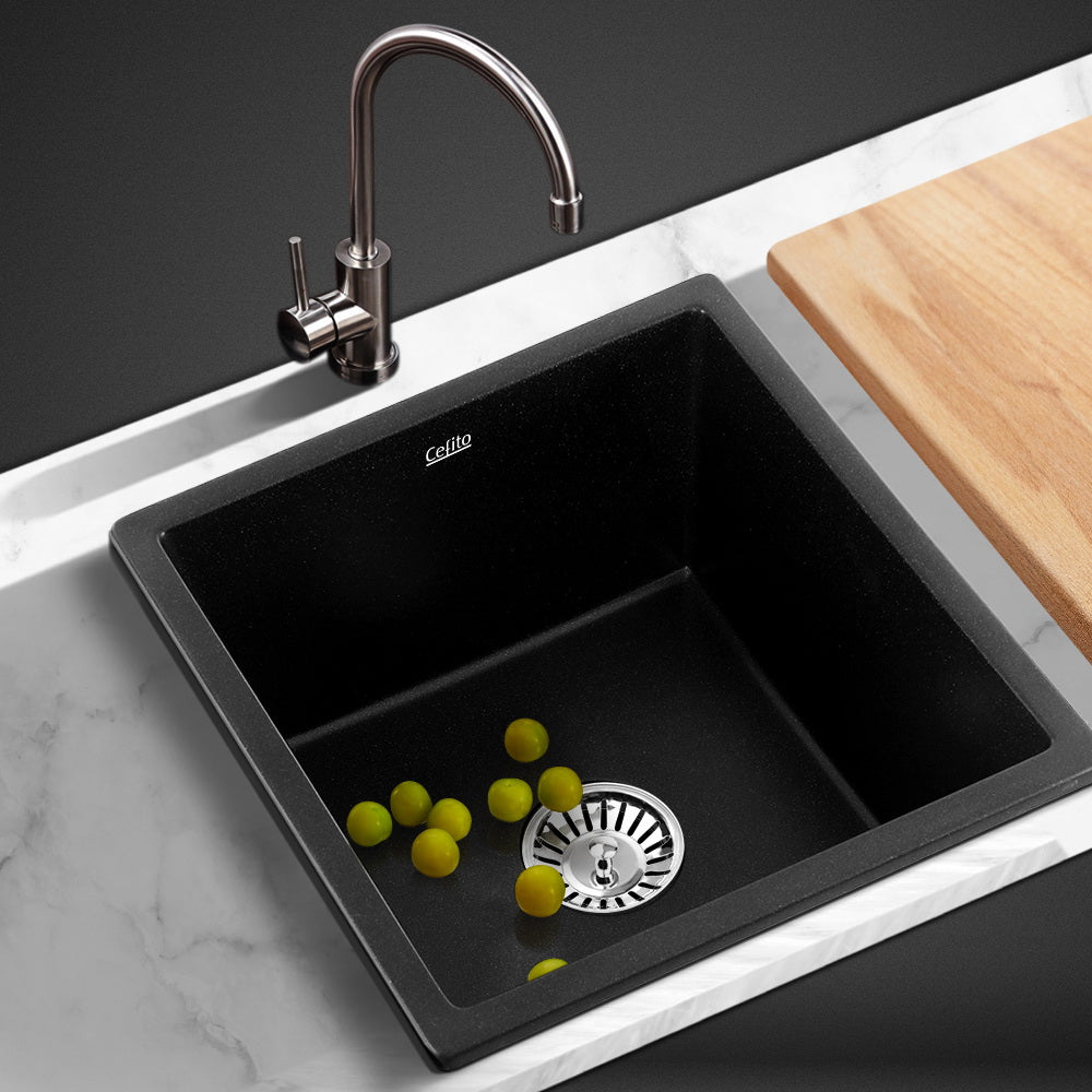 Stone Kitchen Sink 450X450MM Granite Under/Topmount Basin Bowl Laundry Black - Furniture > Bathroom > Sinks - Rivercity House & Home Co. (ABN 18 642 972 209) - Affordable Modern Furniture Australia