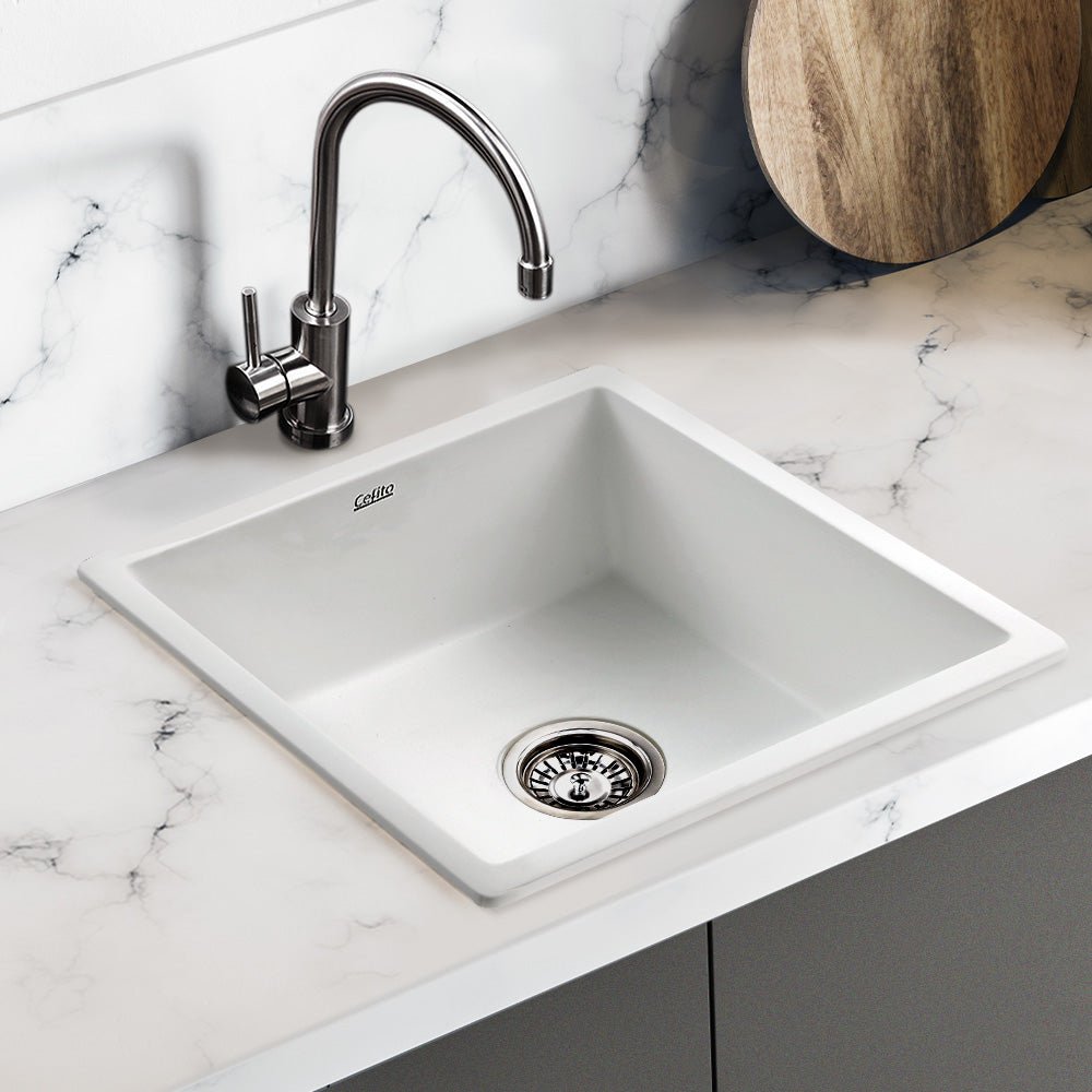 Stone Kitchen Sink 450X450MM Granite Under/Topmount Basin Bowl Laundry White - Furniture > Bathroom > Sinks - Rivercity House & Home Co. (ABN 18 642 972 209) - Affordable Modern Furniture Australia