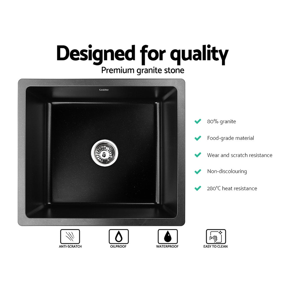 Stone Kitchen Sink 460X410MM Granite Under/Topmount Basin Bowl Laundry Black - Furniture > Bathroom > Sinks - Rivercity House & Home Co. (ABN 18 642 972 209) - Affordable Modern Furniture Australia