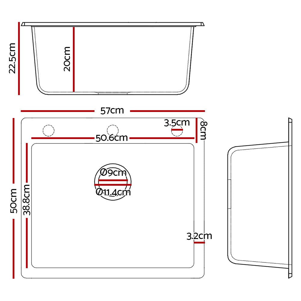 Stone Kitchen Sink 570x500MM Granite Under or Topmount Basin Bowl Laundry Black - Furniture > Bathroom > Sinks - Rivercity House & Home Co. (ABN 18 642 972 209) - Affordable Modern Furniture Australia