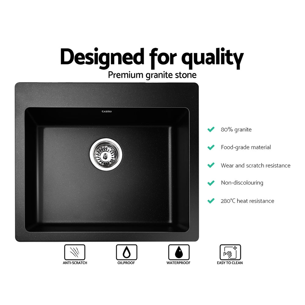 Stone Kitchen Sink 570x500MM Granite Under or Topmount Basin Bowl Laundry Black - Furniture > Bathroom > Sinks - Rivercity House & Home Co. (ABN 18 642 972 209) - Affordable Modern Furniture Australia