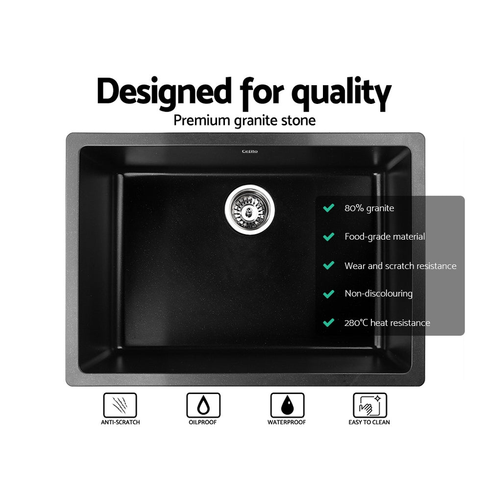 Stone Kitchen Sink 610X470MM Granite Under/Topmount Basin Bowl Laundry Black - Furniture > Bathroom > Sinks - Rivercity House & Home Co. (ABN 18 642 972 209) - Affordable Modern Furniture Australia