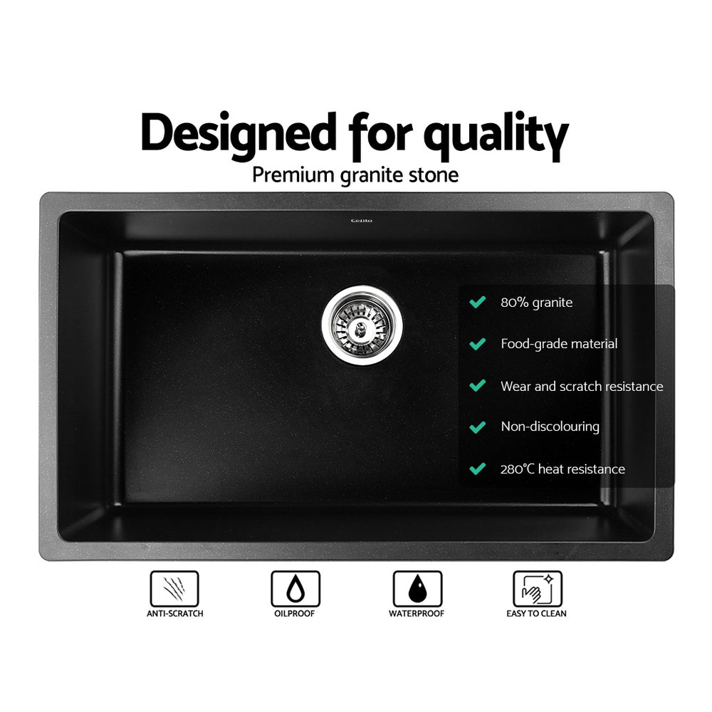 Stone Kitchen Sink 790X450MM Granite Under/Topmount Basin Bowl Laundry Black - Furniture > Bathroom > Sinks - Rivercity House & Home Co. (ABN 18 642 972 209) - Affordable Modern Furniture Australia
