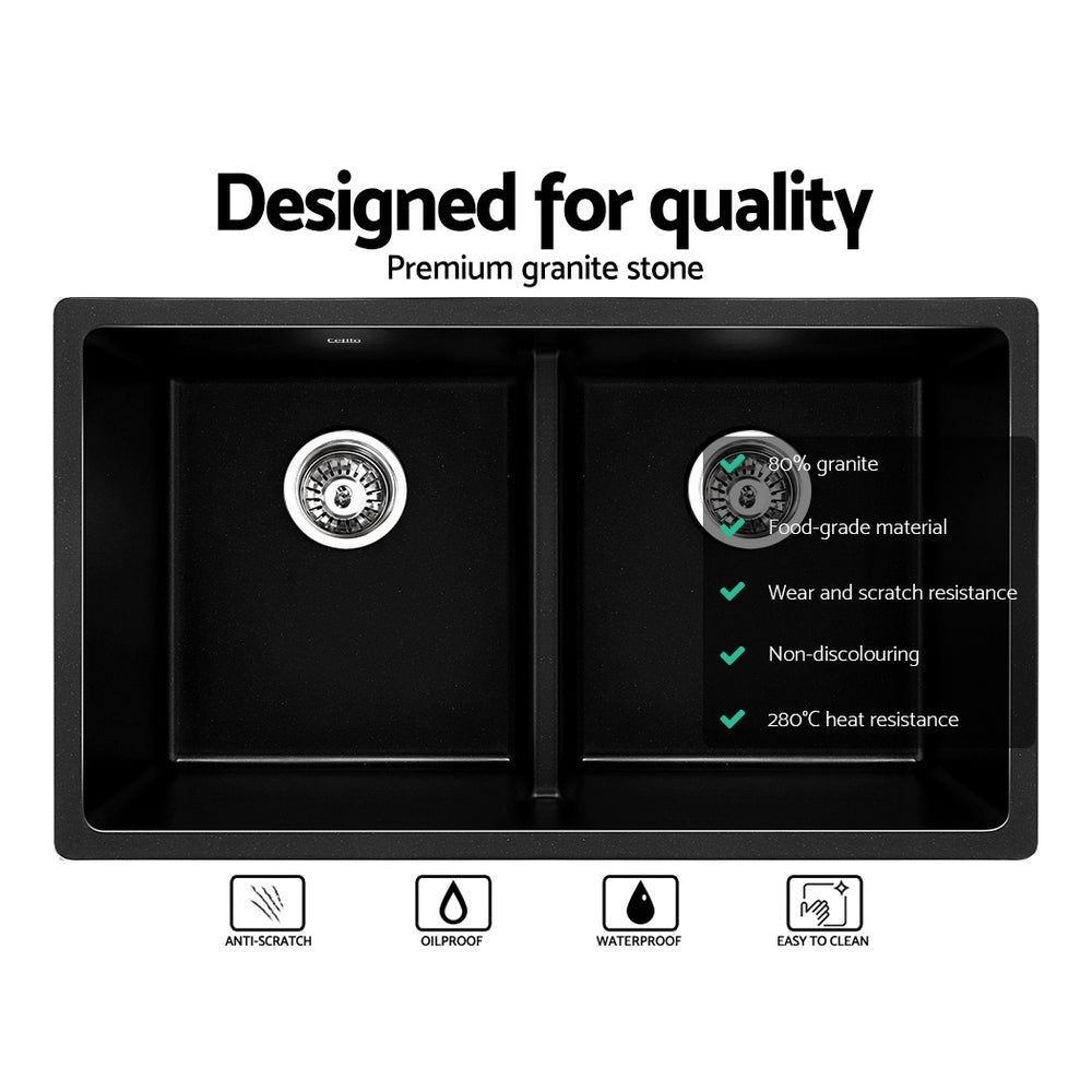 Stone Kitchen Sink 790X460MM Granite Under/Topmount Basin Double Bowl Black - Furniture > Bathroom > Sinks - Rivercity House & Home Co. (ABN 18 642 972 209) - Affordable Modern Furniture Australia