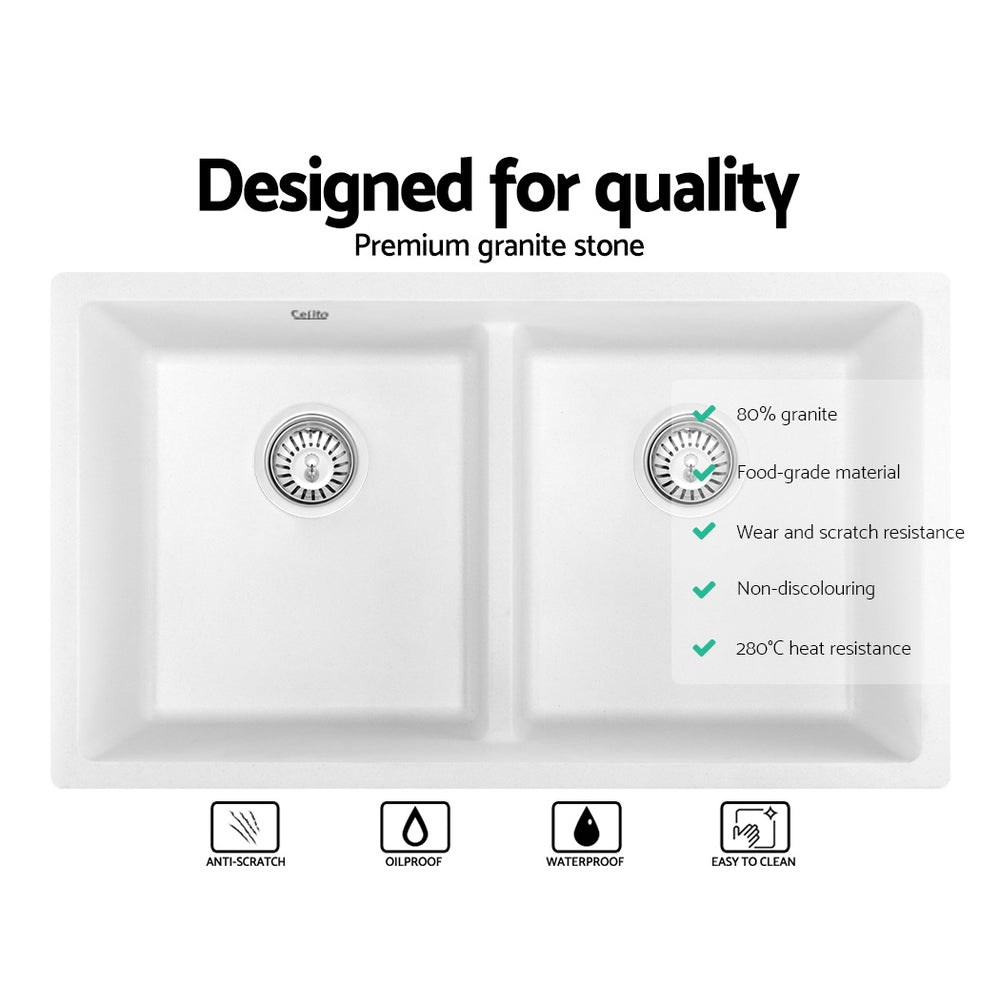 Stone Kitchen Sink 790X460MM Granite Under/Topmount Basin Double Bowl White - Furniture > Bathroom > Sinks - Rivercity House & Home Co. (ABN 18 642 972 209) - Affordable Modern Furniture Australia