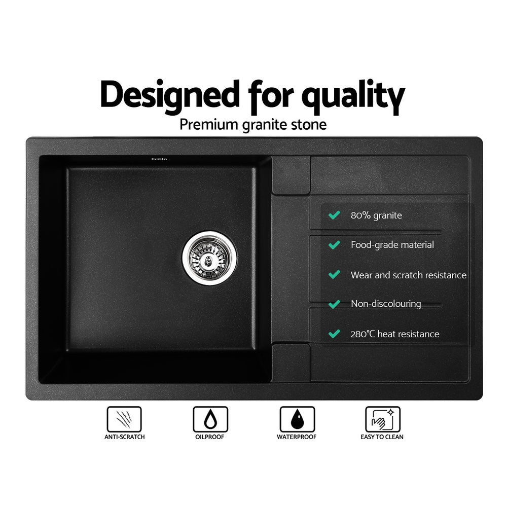 Stone Kitchen Sink 860X500MM Granite Under/Topmount Basin Bowl Laundry Black - Furniture > Bathroom > Sinks - Rivercity House & Home Co. (ABN 18 642 972 209) - Affordable Modern Furniture Australia