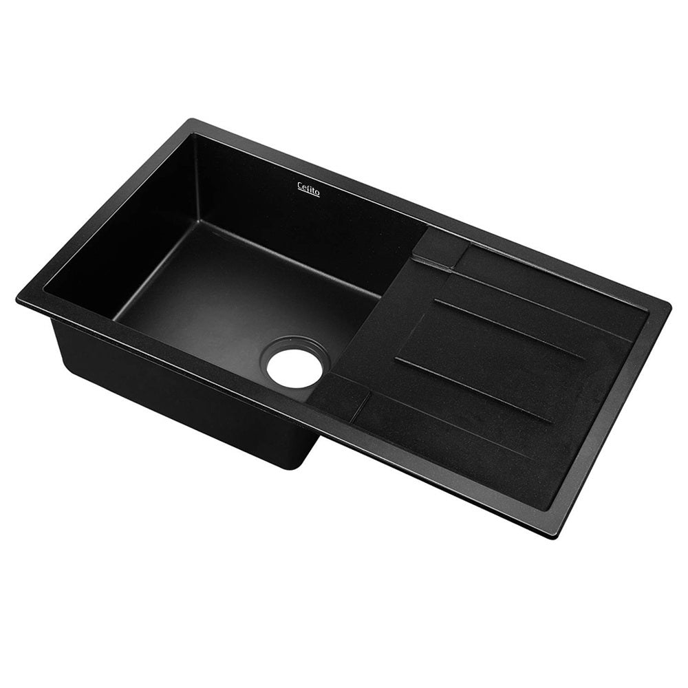 Stone Kitchen Sink 860X500MM Granite Under/Topmount Basin Bowl Laundry Black - Furniture > Bathroom > Sinks - Rivercity House & Home Co. (ABN 18 642 972 209) - Affordable Modern Furniture Australia
