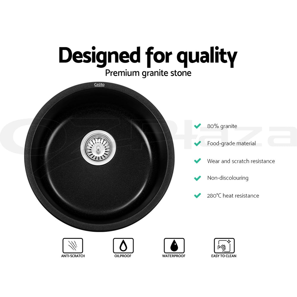 Stone Kitchen Sink Round 430MM Granite Under/Topmount Basin Bowl Laundry Black - Furniture > Bathroom > Sinks - Rivercity House & Home Co. (ABN 18 642 972 209) - Affordable Modern Furniture Australia