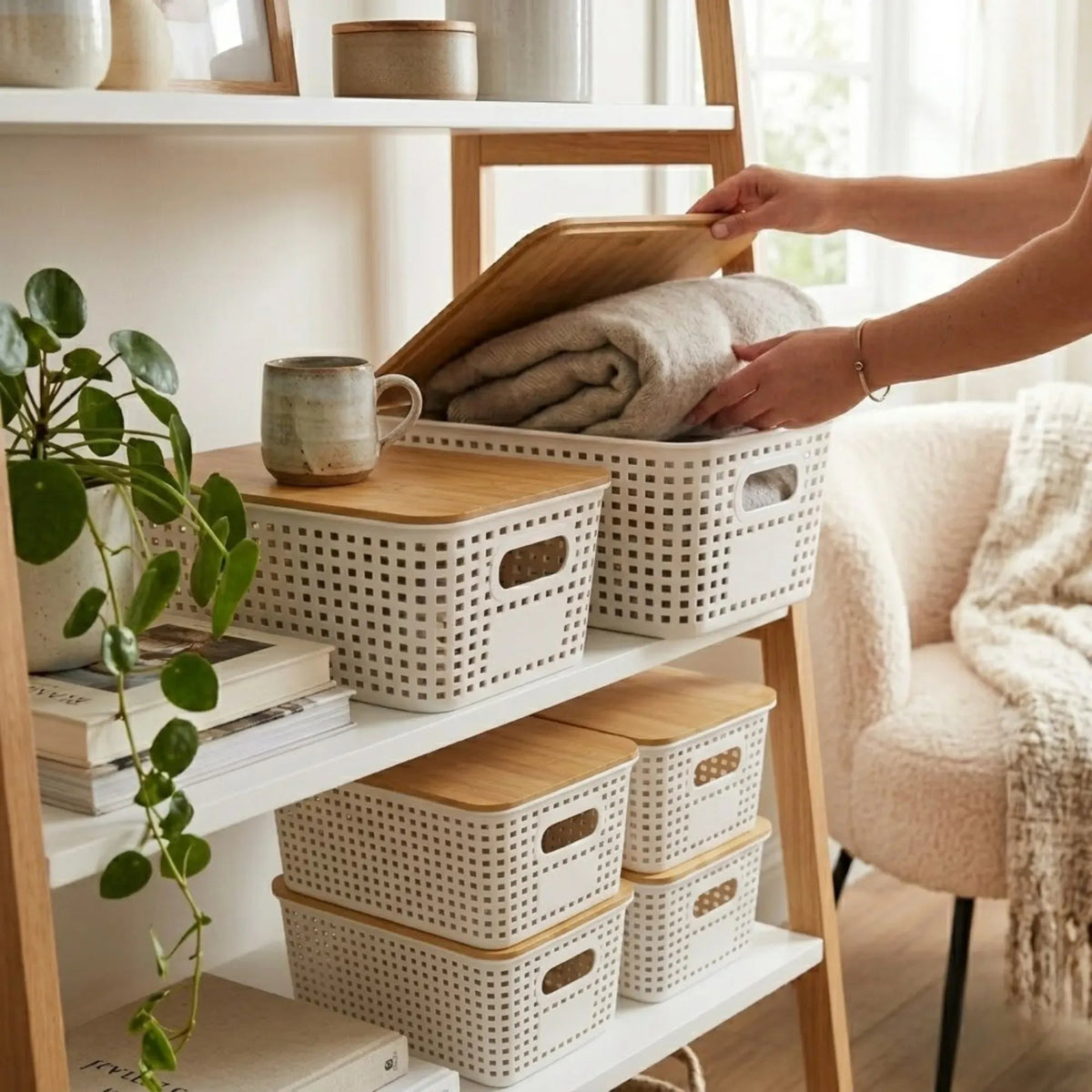 Storage Bins with Bamboo Lids 6 Pack - White - Home & Garden > Storage > Clothing & Wardrobe Storage - Rivercity House & Home Co. (ABN 18 642 972 209) - Affordable Modern Furniture Australia