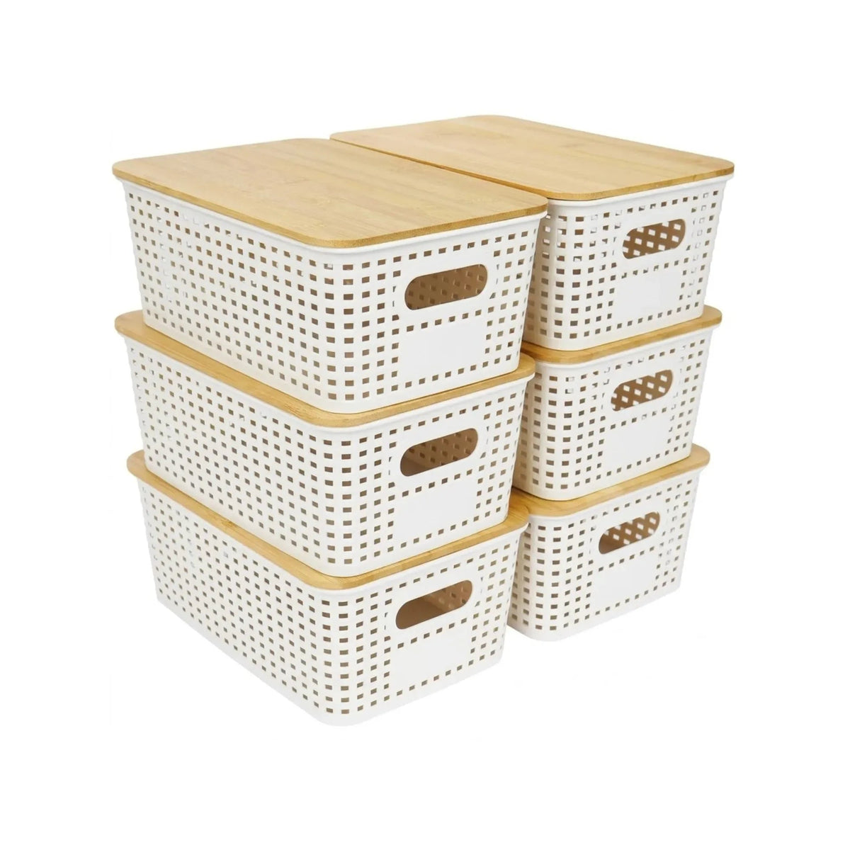 Storage Bins with Bamboo Lids 6 Pack - White - Home & Garden > Storage > Clothing & Wardrobe Storage - Rivercity House & Home Co. (ABN 18 642 972 209) - Affordable Modern Furniture Australia