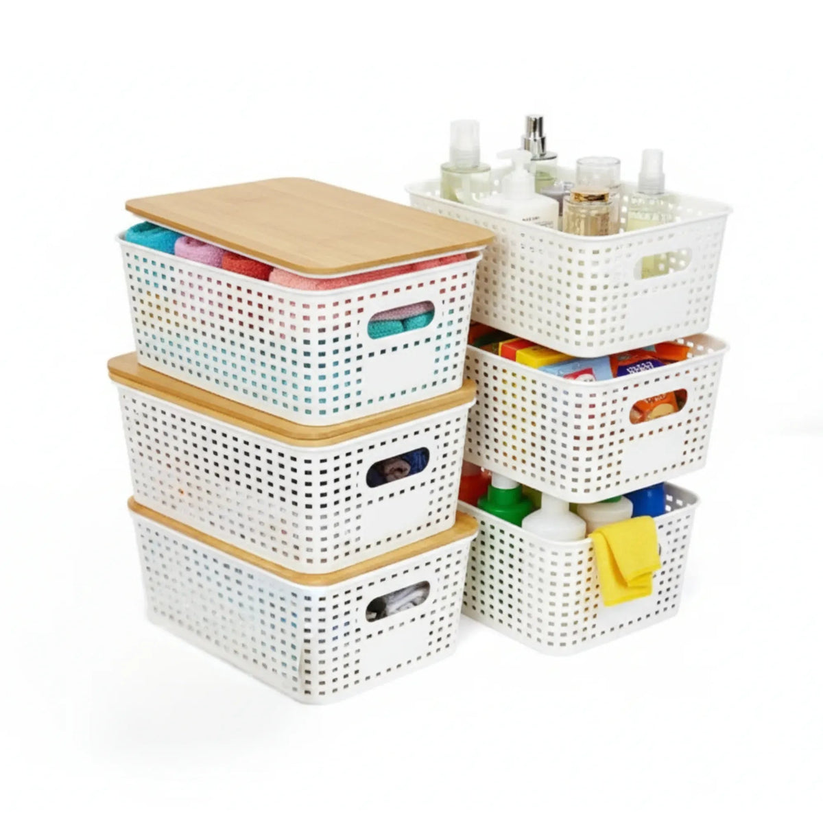 Storage Bins with Bamboo Lids 6 Pack - White - Home & Garden > Storage > Clothing & Wardrobe Storage - Rivercity House & Home Co. (ABN 18 642 972 209) - Affordable Modern Furniture Australia