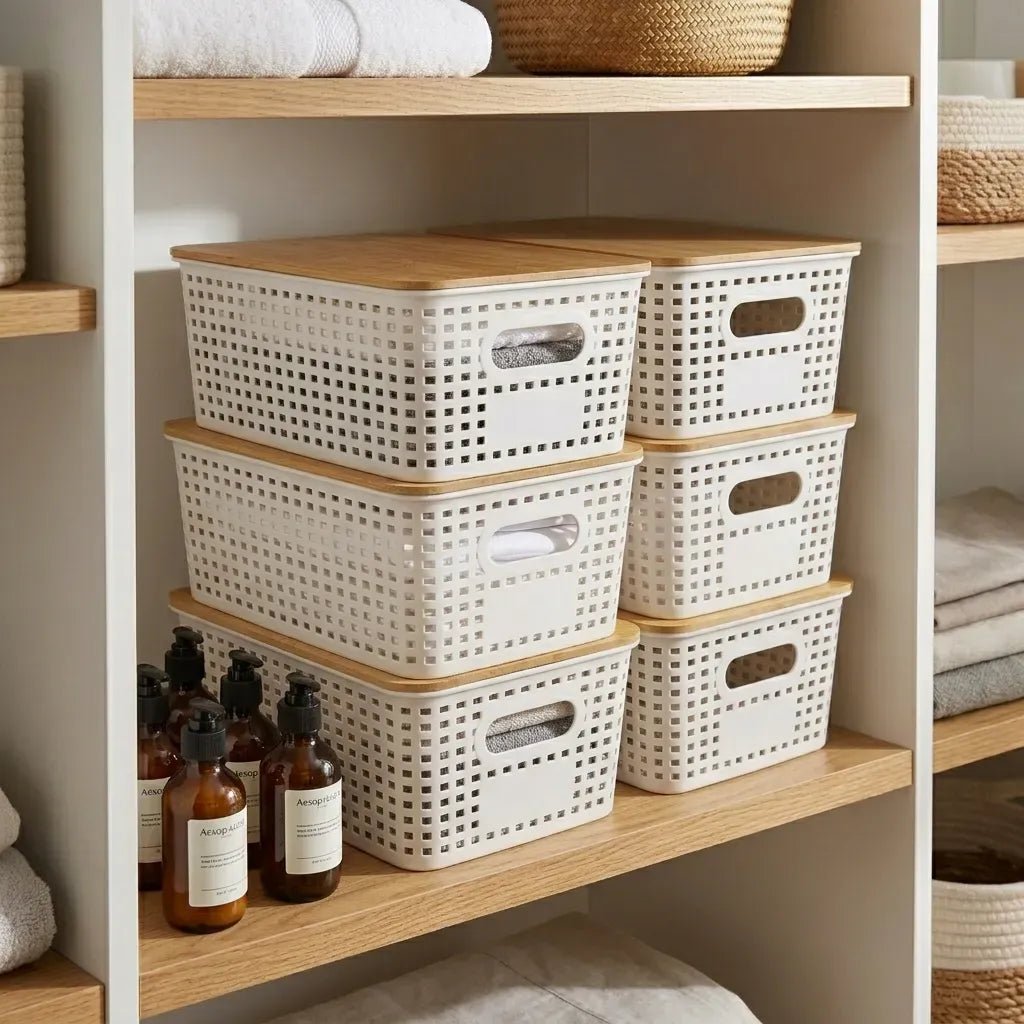Storage Bins with Bamboo Lids 6 Pack - White - Home & Garden > Storage > Clothing & Wardrobe Storage - Rivercity House & Home Co. (ABN 18 642 972 209) - Affordable Modern Furniture Australia