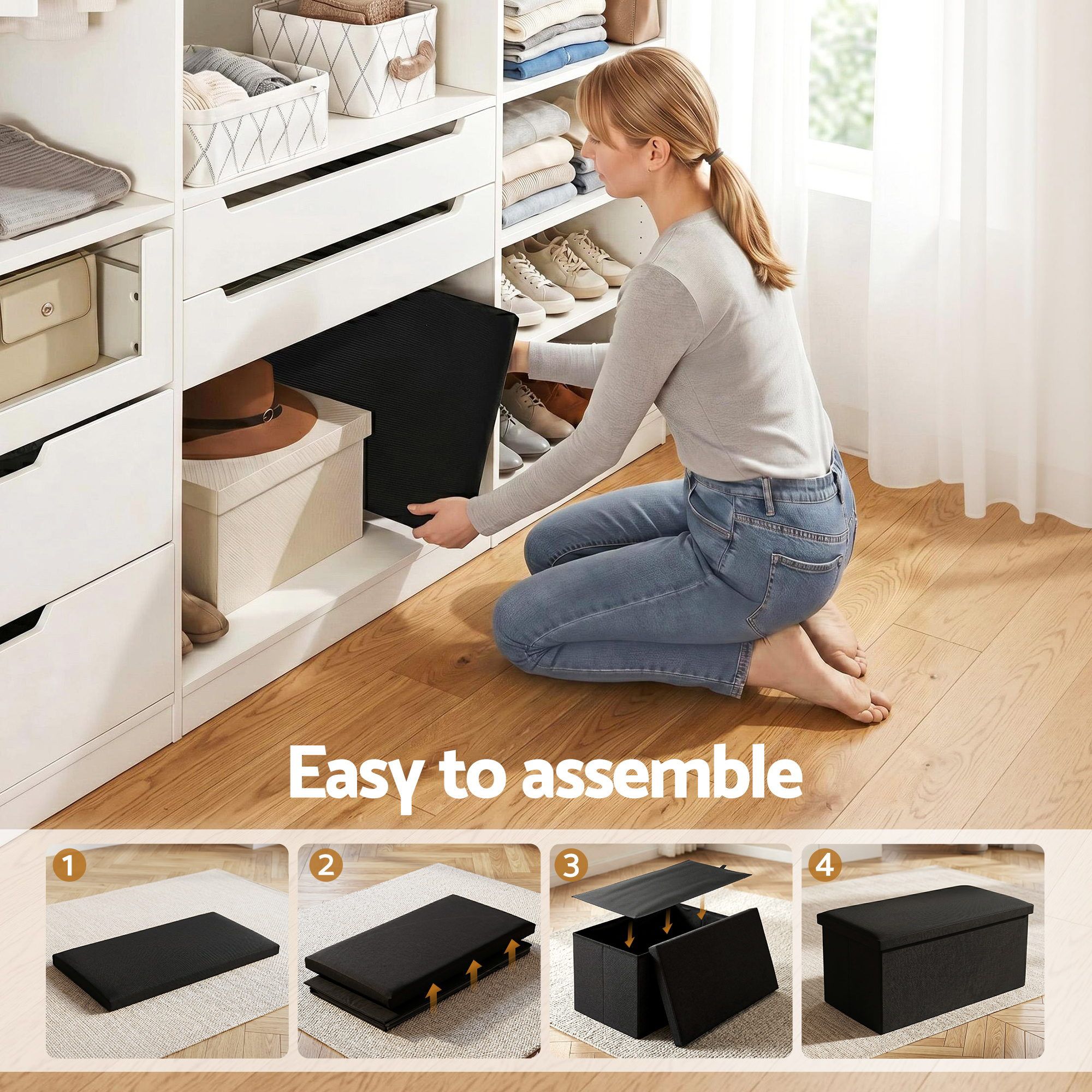 Storage Ottoman Bench Folding Blanket Box Toy Organiser Foot Stool Black - Furniture > Living Room > Ottomans & Footstools - Rivercity House & Home Co. (ABN 18 642 972 209) - Affordable Modern Furniture Australia