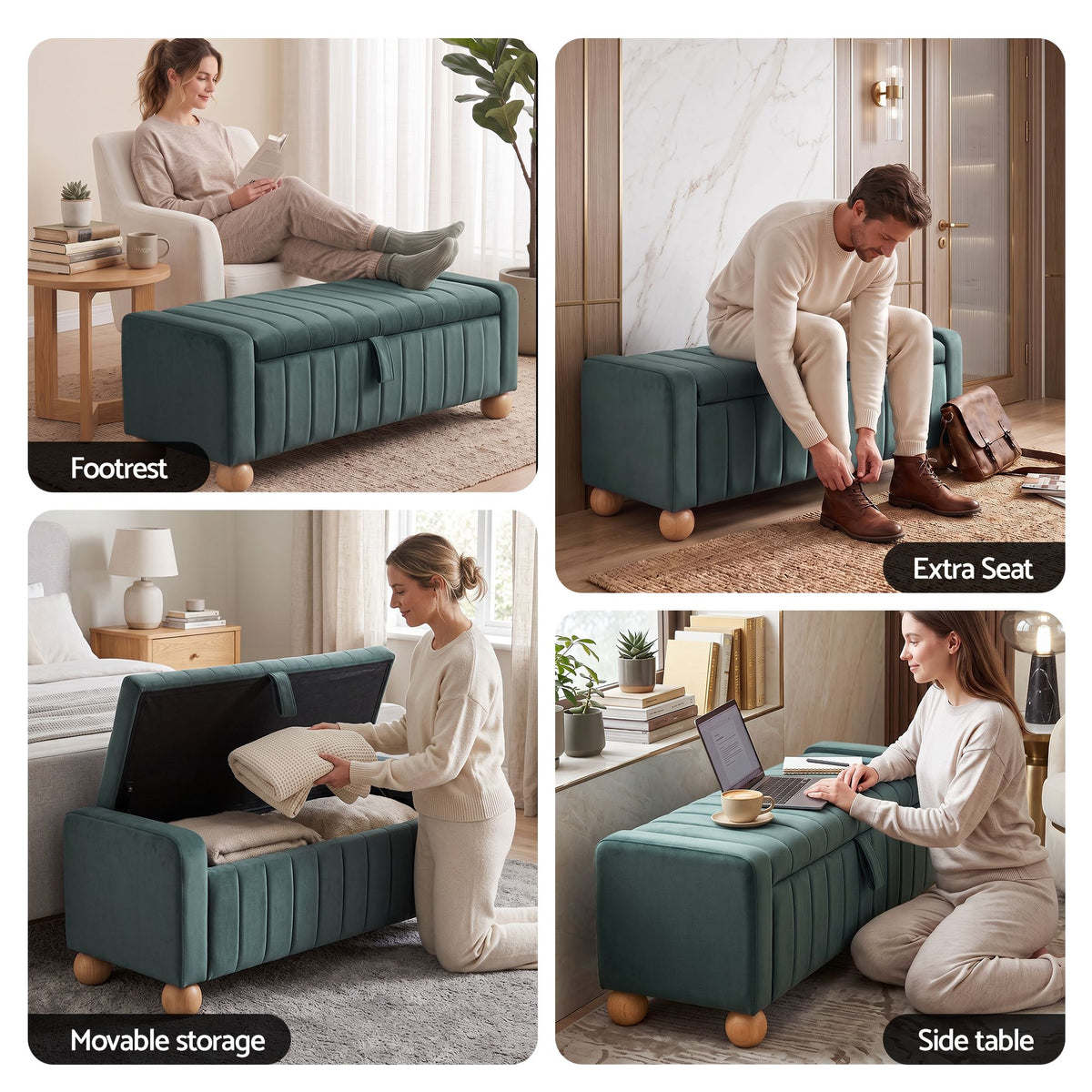 Storage Ottoman Bench with Velvet Upholstery and Ball Feet - Green - Furniture > Living Room > Ottomans & Footstools - Rivercity House & Home Co. (ABN 18 642 972 209) - Affordable Modern Furniture Australia