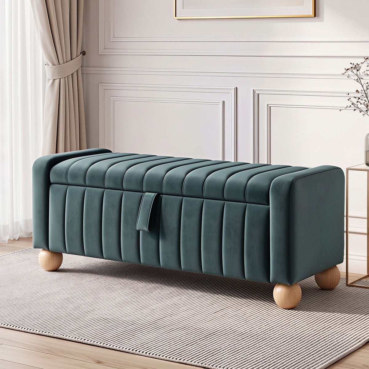 Storage Ottoman Bench with Velvet Upholstery and Ball Feet - Green - Furniture > Living Room > Ottomans & Footstools - Rivercity House & Home Co. (ABN 18 642 972 209) - Affordable Modern Furniture Australia